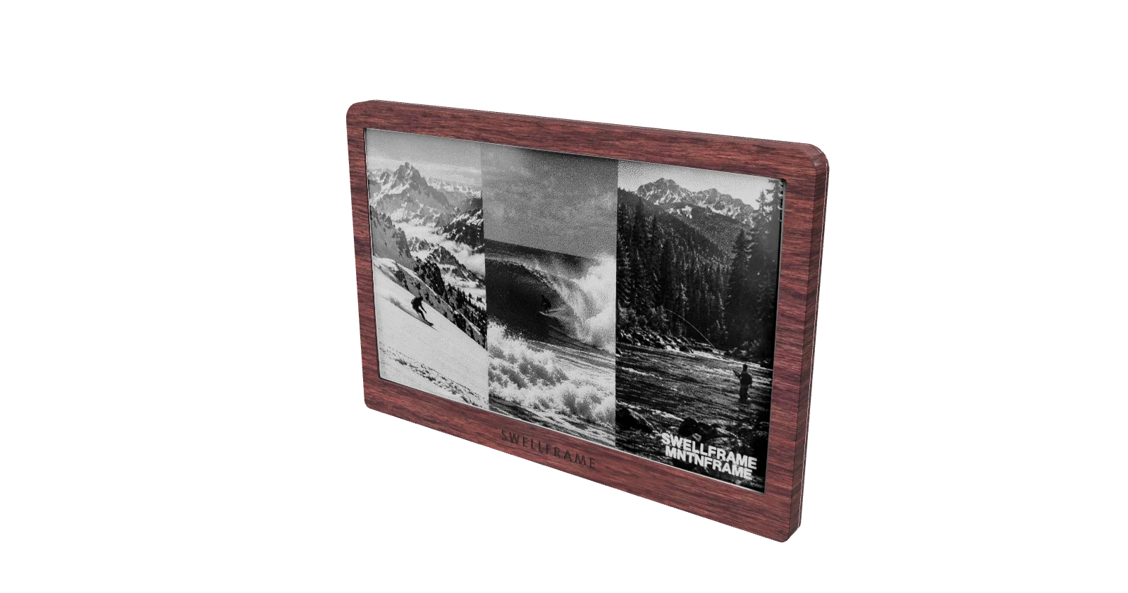 Swellframe taken apart: the walnut front frame, the e-paper display, the battery, the circuit board, the rear shell and the steel kickstand