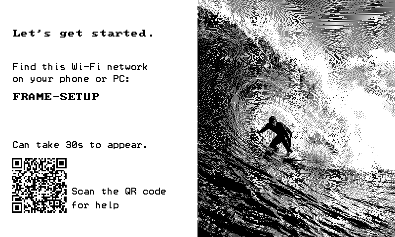 Swellframe setup screen: Let's get started. Find this Wi-Fi network on your phone or PC: FRAME-SETUP. Can take 30s to appear. Scan the QR code for help.